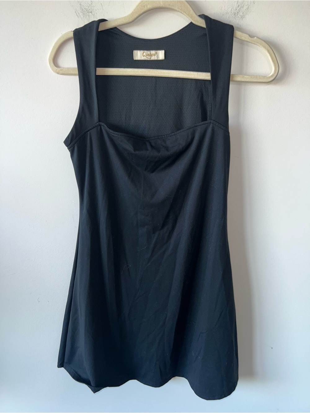 Qinsen Black Athletic Mini Dress Stretch Square Neck Sleeveless Chic Lined